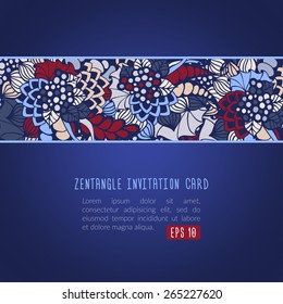 Beautiful zentangle vector card template. Colorful floral ornament on dark blue background.