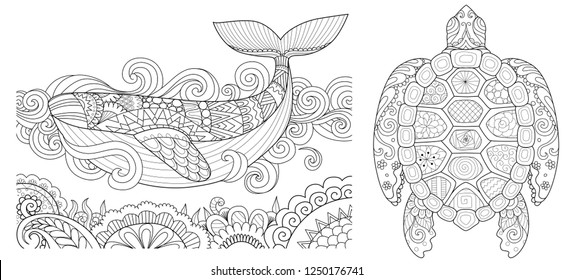 Beautiful zentangle whale and turtle for design element and coloring book,coloring page for anti stress.Vector illustration