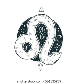 Beautiful zodiac sign in the night sky. Zodiac Leo in a circle. It can be used as an idea for a tattoo or for printing on T-shirts. Magic symbol. Constellation of a lion.