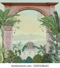 Hermoso, Antiguo, Arco, Aislado, Sobre, Blanco, Fondo De Acuarela, Arco De Mughal, Plantas Tropicales.