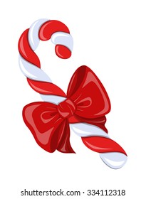 Beautiful,colorful,striped, twisted spiral candy cane and red satin bow on white background.Symbol Christmas holiday.