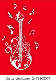 Beautiful-Design Guitar and Music Notes on Red Background.