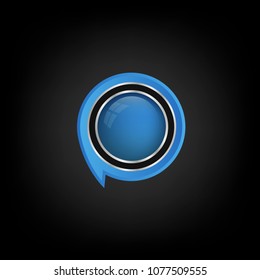 beautifull blue button. Glossy label on black background