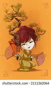 Beautifull cart japanese girls stand in kimono. Young Geisha old traditional kimono makeup maiko hair style shy vector illustration isolated