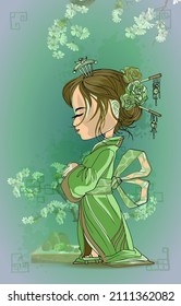 Beautifull cart japanese girls stand in kimono. Young Geisha old traditional kimono makeup maiko hair style shy vector illustration isolated