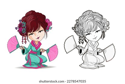 Beautifull cart japanese girls stand in kimono. Young Geisha old traditional kimono makeup maiko hair style shy vector illustration isolated