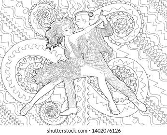 Beautifull dancing couple in a patterned outfit. High detailed coloring page for grown ups. Vector illustration from coloring book for adults