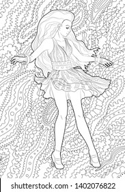 Beautifull dancing girl in a patterned dress. High detailed coloring page for grown ups. Vector illustration from coloring book for adults