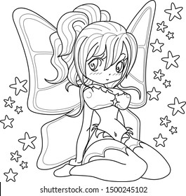 Beautifull fairy girl, Fantasy black and white image. Outlined on white background for  kids coloring book. Vector illustration.