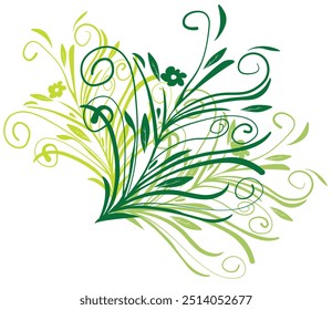 Beautifull floral ornament with swirls; Swirls floral ornaments of blade of grass; isolated green floral design  