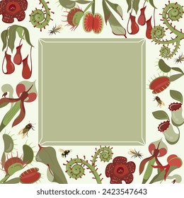 Beautifull flyer with exotic carnivorous plants. Square frame with unusual rare wild flowers rafflesia, Nepenthes, Venus flytrap. Template design. Vector illustration