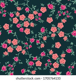 Beautifull garden roses. Vintage print with small flowers. Seamless vector pattern with floral elements on black background. Retro textile collection.