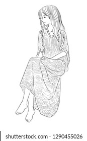 Beautifull girl in a patterned dress. High detailed coloring page for grown ups. Vector