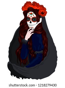 Beautifull girl with Santa Muerte body art. Vector illustration for national mexican holiday - Day of the dead.