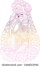 Beautifull girl with Santa Muerte make up wearing a patterned dress. High detailed bright illustration for modern print design. Vector illustration