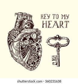 Beautifull hand drawn vintage vector illustration key to my heart