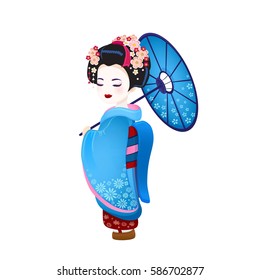 Beautifull japanese girl in kimono Young Geisha with blue umbrella hanami sakura blossom old kimono makeup maiko hair style shy, Japanese with eyes closed at the festival vector icon isolated on white svg