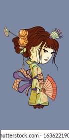 Beautifull japanese girl stand in green kimono. Young Geisha with japanese fan. Cartoon woman character. Japanese at the festival vector illustration isolated