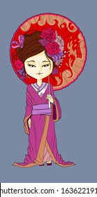 Beautifull japanese girl stand in kimono. Young Geisha with red umbrella hanami sakura blossom old burgundy kimono makeup maiko hair style shy Japanese at the festival vector illustration isolated