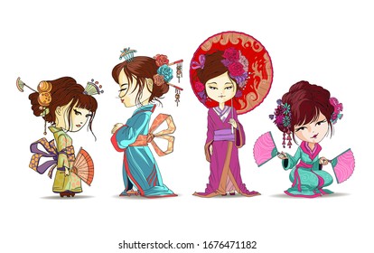 Beautifull japanese girls set stand and sit in kimono. Young Geisha with umbrella, japanese fans, old traditional kimono makeup maiko hair style shy vector illustration isolated