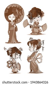 Beautifull japanese girls set stand and sit in kimono. Young Geisha with umbrella, japanese fans, old traditional kimono makeup maiko hair style shy vector illustration isolated