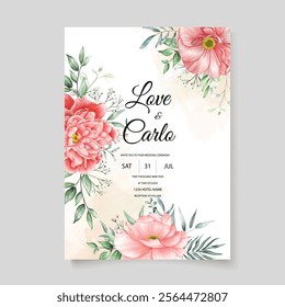 Beautifull Red Roses with Green Leaves Floral Wedding Card. Illustrator and designer. Wedding Invites, save the date, Birthday Invites, Video Invites, E-Cards.