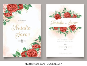 Beautifull Red Roses Wedding Card. Illustrator and designer. Wedding Invites, save the date, Birthday Invites, Video Invites, E-Cards.