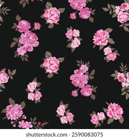 beautifull rose flower with leaves on black background floral pattern design