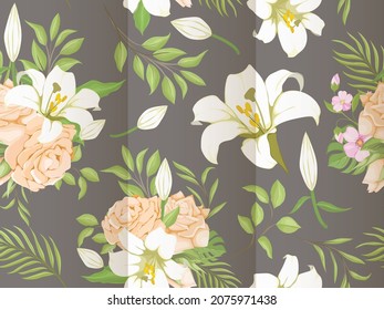 Beautifull Seamless Pattern Lily Flowers and Leaves Template