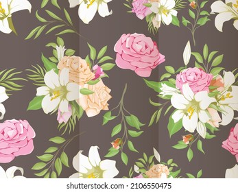 Beautifull Seamless Pattern Lily and Rose Floral Template