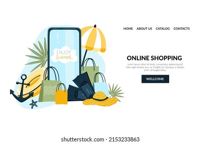 Beautifull summer landing design template. Online shopping. Summer shopping. Vector illustration