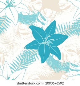 Beautifull tropical lily flowers and leaves seamless pattern design. Tropical leaves, monstera leaf seamless floral pattern background. Trendy brazilian illustration