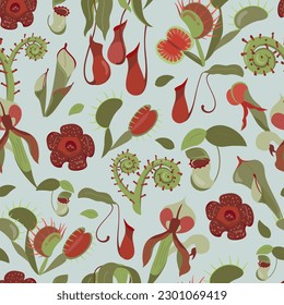 Beautifull tropical seamless pattern with carnivorous plants. Summer print with unusual Rafflesia, Nepenthes, Venus flytrap. Monkey cups exotic plant. Vector floral pattern with rare wild flowers