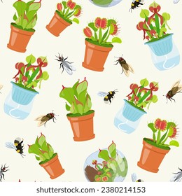 Beautifull tropical seamless pattern with carnivorous plants in pots and insects. Summer print with unusual exotic Rafflesia Nepenthes Venus flytrap Vector floral design with rare wild flowers and fly