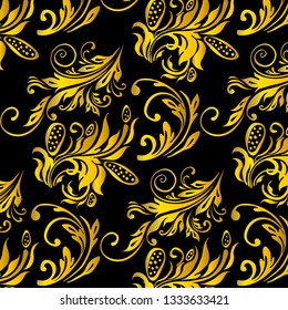 Beautifull Vector  seamless pattern of gold leaves and flowers on a black background