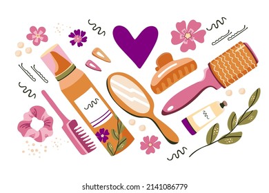 Beautifull vector set of elements, tools, accessories for hair master. Isolated on white background, hand-drawn vector illustration. 