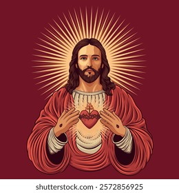 Beautifull vectorial illustration of the sacred heart of Jesus Christ. Divine mercy. Jesus is the King	
