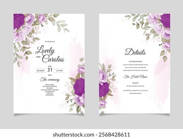 Beautifull Wedding Invitation Card with Purple Roses. Illustrator and designer. Wedding Invites, save the date, Birthday Invites, Video Invites, E-Cards.