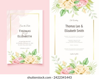 Beautifull Wedding Invitation Card Template Design, with Floral and Leaves