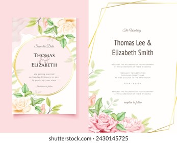 Beautifull Wedding Invitation Card Template Design, with Floral and Leaves
