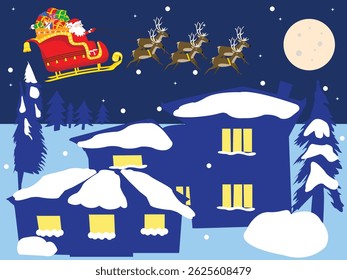 Beautifull winter landscape with Santa Claus sledge over houses; Santa Claus rides on a sleigh in the village at night.
