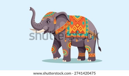 A beautifully adorned Indian elephant, featuring vibrant traditional patterns and intricate designs, standing gracefully.