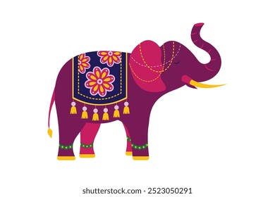 A beautifully adorned vector illustration of an elephant decorated for the Diwali festival, featuring intricate patterns, vibrant colors, and festive ornaments.