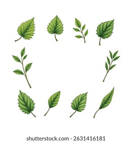 A beautifully arranged circle of vibrant green leaves, showcasing diverse shapes and textures. Perfect for eco-friendly themes, nature illustrations, and organic design concepts