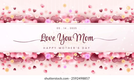 A beautifully arranged Mother's Day card featuring hearts, flowers, and elegant text saying 'Love You Mom'. A perfect design to convey love, warmth, and appreciation for mothers.