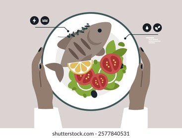 A beautifully arranged plate featuring grilled dorado fish garnished with fresh herbs, lemon, vibrant tomatoes, and greens, showcasing culinary artistry and flavor