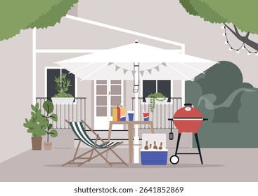 A beautifully arranged porch barbecue area displays a vibrant red grill, a shaded table with refreshing drinks, and inviting lounge chairs, creating the perfect spot for outdoor dining