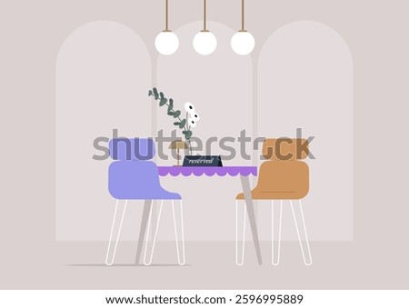 A beautifully arranged reserved table features inviting chairs, soft lighting, and a charming centerpiece, creating an intimate atmosphere for dining in a cute restaurant