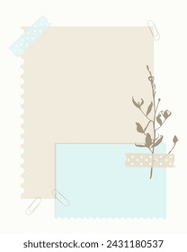 Beautifully arranged scrapbooking layout featuring pastel-colored paper layers in blue and beige hues, adorned with a botanical twig and secured with paper clips. The design exudes a subtle charm