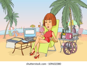 Beautifully, businesslike lady resting on the beach